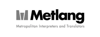 Grayscale logo of MetLang, a Novobi client