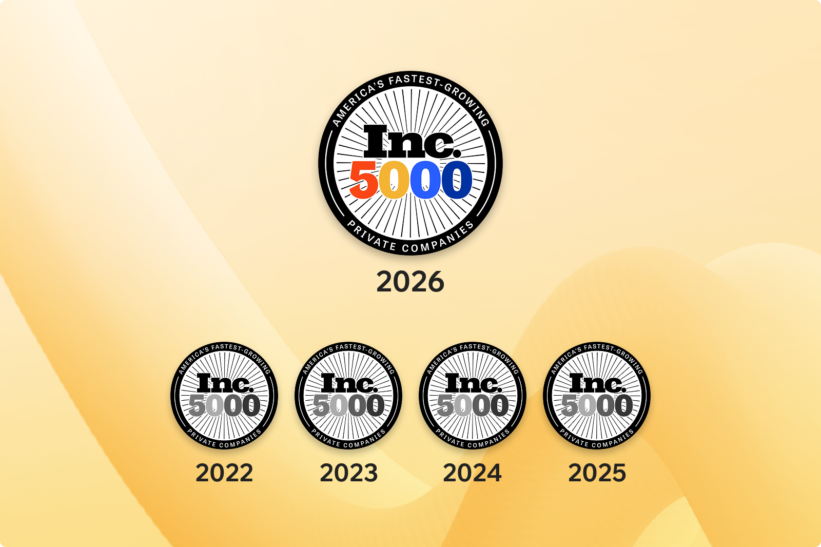 Five Inc. 5000 'America's Fastest-Growing Private Companies' badges, featuring 2026 and years 2022 through 2025
